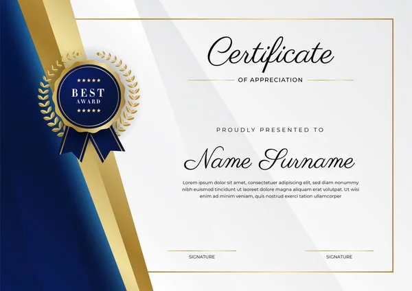 Blauw Goud Certificaat Van Prestatie Border Template Met Luxe Badge — Stockvector