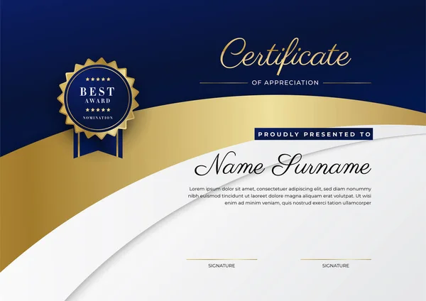 Blauw Goud Certificaat Van Prestatie Border Template Met Luxe Badge — Stockvector
