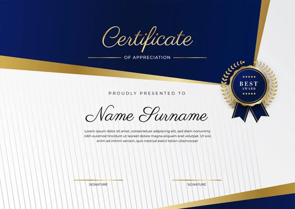 Blue Gold Certificate Achievement Border Template Luxury Badge Modern Line — Vector de stock