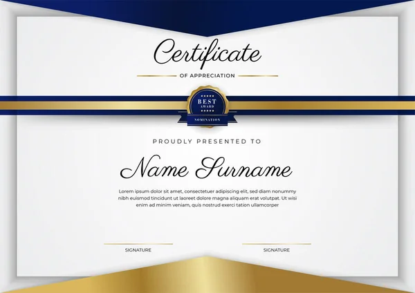 Blue Gold Certificate Achievement Border Template Luxury Badge Modern Line — Stockvektor