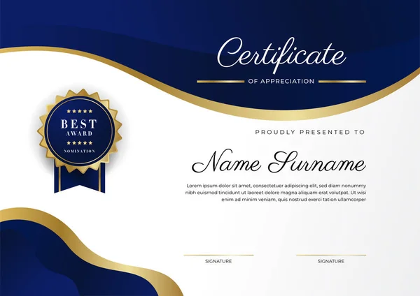 Blue Gold Certificate Achievement Border Template Luxury Badge Modern Line — Wektor stockowy