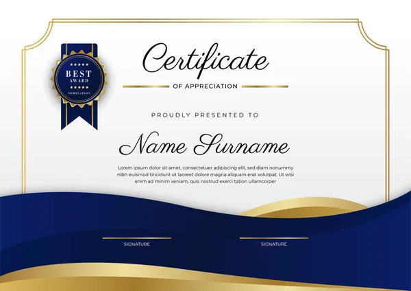 Blue Gold Certificate Achievement Border Template Luxury Badge Modern Line — Stock vektor