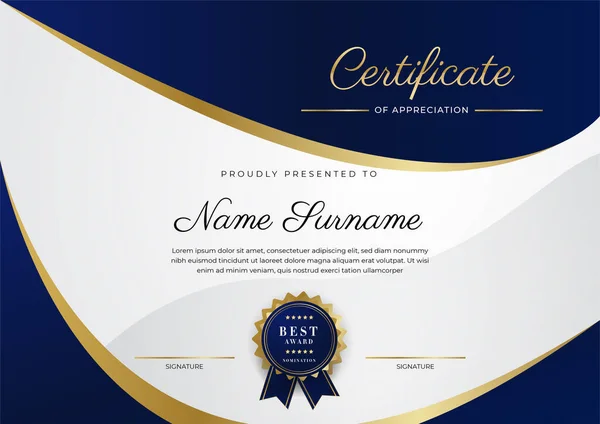 Синій Золотий Сертифікат Досягнень Шаблон Кордону Розкішним Значком Сучасним Лінійним — стоковий вектор