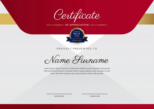 Розкішний Сертифікат Шаблону Вдячності Червоним Золотим Кольором Багатоцільова Рамка Сертифіката — стоковий вектор