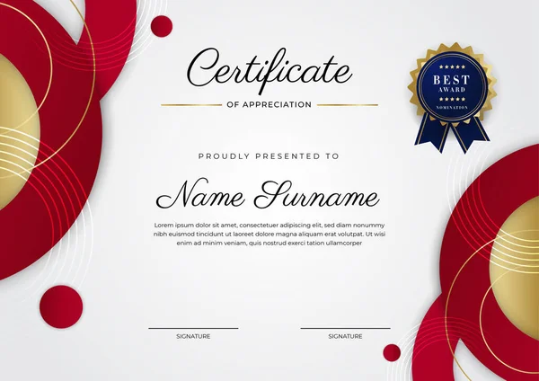 Люксовый Сертификат Оценки Искушает Красным Золотым Цветом Многофункциональный Сертификат Граничит — стоковый вектор