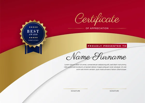Luxusní Certifikát Ocenění Šablony Červenou Zlatou Barvou Víceúčelový Okraj Certifikátu — Stockový vektor