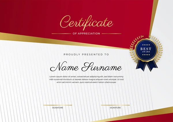 Certificado Luxo Modelo Apreciação Com Cor Vermelha Dourada Borda Certificado —  Vetores de Stock