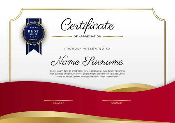 Modello Certificato Apprezzamento Lusso Con Colore Rosso Oro Bordo Certificato — Vettoriale Stock
