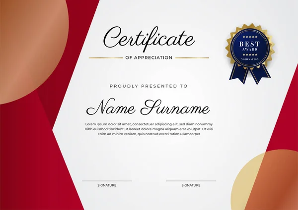 Certificado Luxo Modelo Apreciação Com Cor Vermelha Dourada Borda Certificado — Vetor de Stock