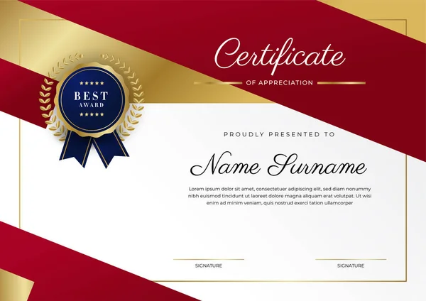 Luxury Certificate Appreciation Template Red Gold Color Multipurpose Certificate Border — Stock Vector