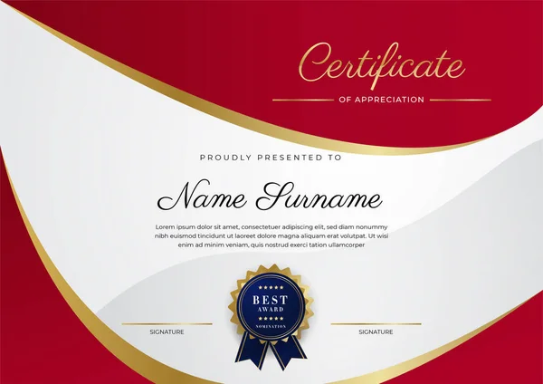 Modèle Certificat Appréciation Luxe Avec Couleur Rouge Bordure Certificat Polyvalente — Image vectorielle