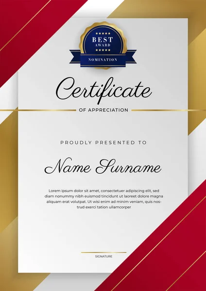 Modèle Certificat Appréciation Luxe Avec Couleur Rouge Bordure Certificat Polyvalente — Image vectorielle
