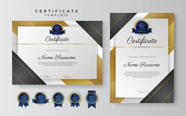 Certificado Negro Dorado Plantilla Frontera Logro Con Insignia Lujo Patrón — Vector de stock