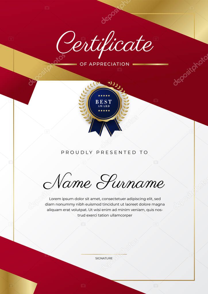 Luxury certificate of appreciation template with red and gold color, multipurpose certificate border with badge design. Elegant red and gold diploma certificate template