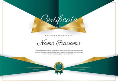 Modern koyu yeşil ve altın sertifika tasarım şablonu profesyonel tarzda, altın rozetli ve sınır çerçeveli. Vektör illüstrasyonu
