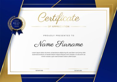 Modern mavi sertifika şablonu ve sınırı, ödül, diploma, onur, başarı, mezuniyet ve baskı için