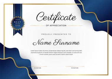 Modern mavi sertifika şablonu ve sınırı, ödül, diploma, onur, başarı, mezuniyet ve baskı için