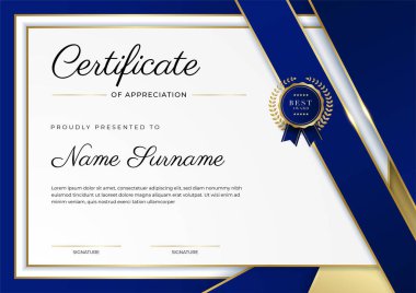 Modern mavi sertifika şablonu ve sınırı, ödül, diploma, onur, başarı, mezuniyet ve baskı için