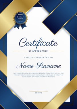 Modern mavi sertifika şablonu ve sınırı, ödül, diploma, onur, başarı, mezuniyet ve baskı için