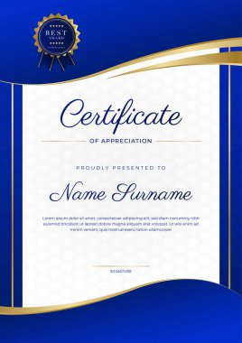 Modern mavi sertifika şablonu ve sınırı, ödül, diploma, onur, başarı, mezuniyet ve baskı için