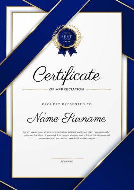 Modern mavi sertifika şablonu ve sınırı, ödül, diploma, onur, başarı, mezuniyet ve baskı için