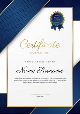 Modern mavi sertifika şablonu ve sınırı, ödül, diploma, onur, başarı, mezuniyet ve baskı için