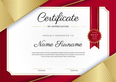 Modern kırmızı ve altın sertifika şablonu tasarımı