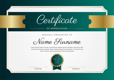 Modern koyu yeşil ve altın sertifika tasarım şablonu profesyonel tarzda, altın rozetli ve sınır çerçeveli. Vektör illüstrasyonu
