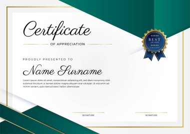 Modern koyu yeşil ve altın sertifika tasarım şablonu profesyonel tarzda, altın rozetli ve sınır çerçeveli. Vektör illüstrasyonu