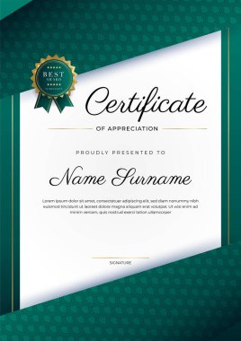 Modern koyu yeşil ve altın sertifika tasarım şablonu profesyonel tarzda, altın rozetli ve sınır çerçeveli. Vektör illüstrasyonu