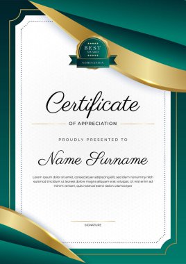 Modern koyu yeşil ve altın sertifika tasarım şablonu profesyonel tarzda, altın rozetli ve sınır çerçeveli. Vektör illüstrasyonu