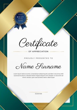 Modern koyu yeşil ve altın sertifika tasarım şablonu profesyonel tarzda, altın rozetli ve sınır çerçeveli. Vektör illüstrasyonu