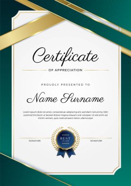 Modern koyu yeşil ve altın sertifika tasarım şablonu profesyonel tarzda, altın rozetli ve sınır çerçeveli. Vektör illüstrasyonu