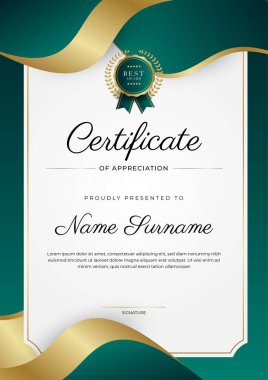 Modern koyu yeşil ve altın sertifika tasarım şablonu profesyonel tarzda, altın rozetli ve sınır çerçeveli. Vektör illüstrasyonu