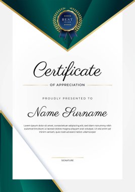Modern koyu yeşil ve altın sertifika tasarım şablonu profesyonel tarzda, altın rozetli ve sınır çerçeveli. Vektör illüstrasyonu