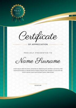 Modern koyu yeşil ve altın sertifika tasarım şablonu profesyonel tarzda, altın rozetli ve sınır çerçeveli. Vektör illüstrasyonu