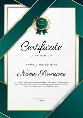 Modern koyu yeşil ve altın sertifika tasarım şablonu profesyonel tarzda, altın rozetli ve sınır çerçeveli. Vektör illüstrasyonu
