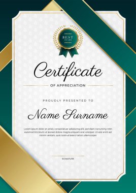 Modern koyu yeşil ve altın sertifika tasarım şablonu profesyonel tarzda, altın rozetli ve sınır çerçeveli. Vektör illüstrasyonu