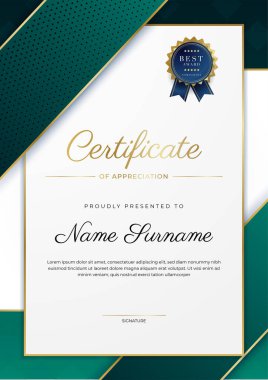 Modern koyu yeşil ve altın sertifika tasarım şablonu profesyonel tarzda, altın rozetli ve sınır çerçeveli. Vektör illüstrasyonu