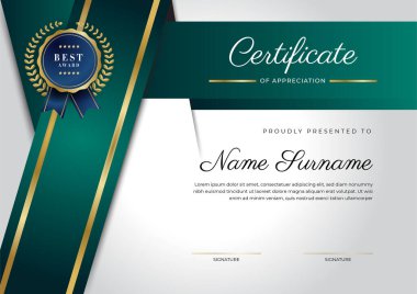 Modern koyu yeşil ve altın sertifika tasarım şablonu profesyonel tarzda, altın rozetli ve sınır çerçeveli. Vektör illüstrasyonu