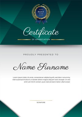 Modern koyu yeşil ve altın sertifika tasarım şablonu profesyonel tarzda, altın rozetli ve sınır çerçeveli. Vektör illüstrasyonu