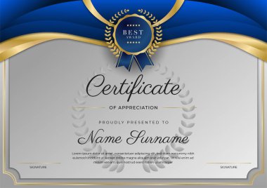 Modern mavi sertifika şablonu ve sınırı, ödül, diploma, onur, başarı, mezuniyet ve baskı için