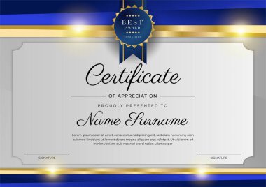 Modern mavi sertifika şablonu ve sınırı, ödül, diploma, onur, başarı, mezuniyet ve baskı için