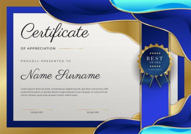 Modern mavi sertifika şablonu ve sınırı, ödül, diploma, onur, başarı, mezuniyet ve baskı için