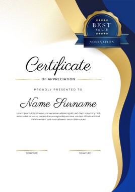 Modern mavi sertifika şablonu ve sınırı, ödül, diploma, onur, başarı, mezuniyet ve baskı için