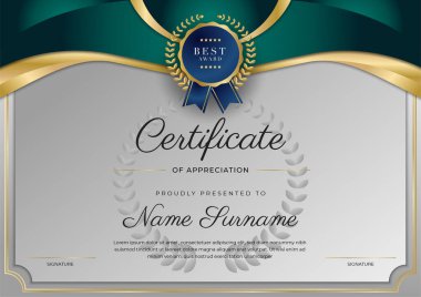 Modern koyu yeşil ve altın sertifika tasarım şablonu profesyonel tarzda, altın rozetli ve sınır çerçeveli. Vektör illüstrasyonu
