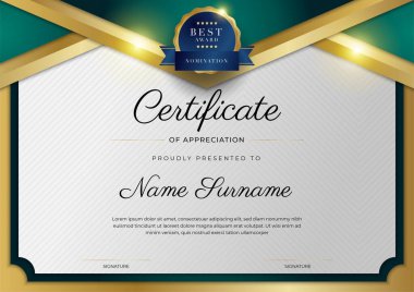 Modern koyu yeşil ve altın sertifika tasarım şablonu profesyonel tarzda, altın rozetli ve sınır çerçeveli. Vektör illüstrasyonu