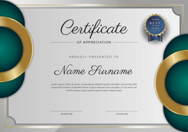 Modern koyu yeşil ve altın sertifika tasarım şablonu profesyonel tarzda, altın rozetli ve sınır çerçeveli. Vektör illüstrasyonu