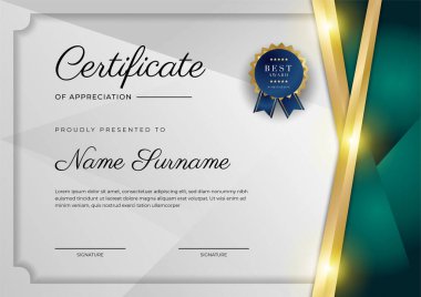 Modern koyu yeşil ve altın sertifika tasarım şablonu profesyonel tarzda, altın rozetli ve sınır çerçeveli. Vektör illüstrasyonu
