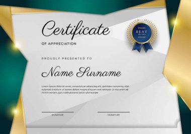 Modern koyu yeşil ve altın sertifika tasarım şablonu profesyonel tarzda, altın rozetli ve sınır çerçeveli. Vektör illüstrasyonu
